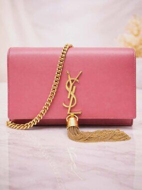 Authentic Saint Laurent Kate Tassel Chain Wallet Pink Leather YSL Crossbody